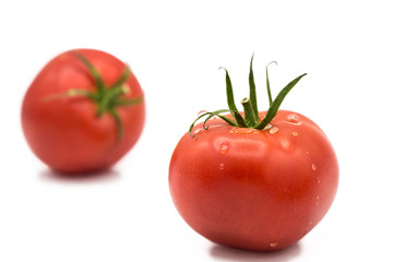 ripe fresh organic tomatoes with drops of dew isolated on white background