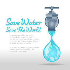 Save water save world banner - water tap  with earth sign in drop water vector design