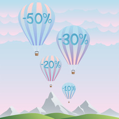 Sale 10%, 20%, 30%, 50% on background nature and air balloons . Summer banner, website, poster, and sales promotion background set.Vector illustration.