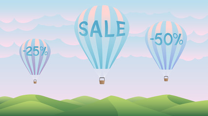 Sale 25%, 50% on background nature and air balloons . .Summer banner, website, poster, and sales promotion background set. Vector illustration.