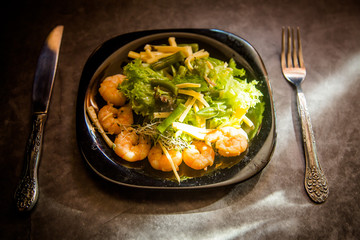 food on the plate, seafood, shrimp, salad