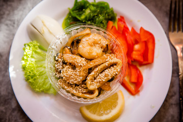 food on the plate, seafood, shrimp, salad