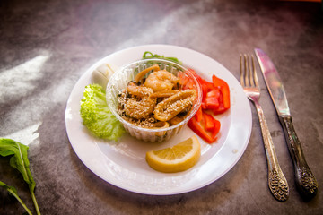 food on the plate, seafood, shrimp, salad