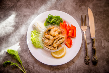 food on the plate, seafood, shrimp, salad