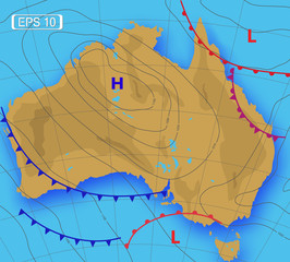 Weather forecast of Australia. Meteorological weather map of the AUSTRALIA. Realistic synoptic map with aditable generic map showing isobars and weather fronts. Topography and physical map.