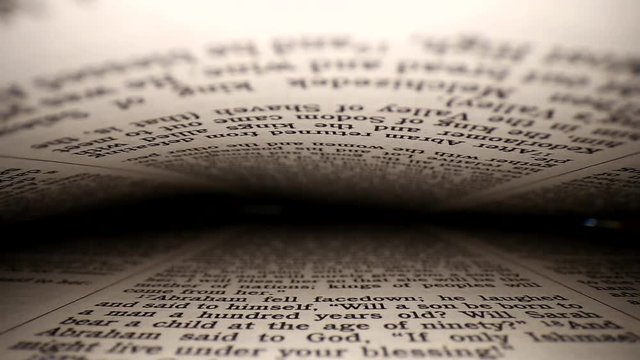 Pushing lens into a book center of page slowly. Words eye view of the pages, on both top &bottom. Middle focus, the page at the end is highlighted by soft white light; pages pop open at the end.