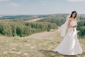 Fototapeta na wymiar Young beautiful bride in white wedding dress posing on a hill at nature.