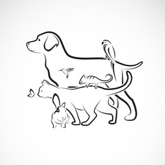 Vector group of pets - Dog, Cat, Parrot, Rabbit, Butterfly, Hummingbird, isolated on white background. Pet. Animals. Easy editable layered vector illustration. Pet group.