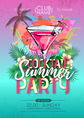 Summer beach party disco poster with cocktail and tropic leaves