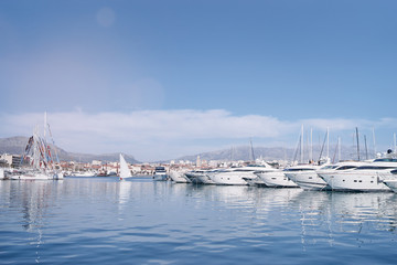 Marina harbour with beautiful white yachts in Split, Croatia.