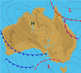 Weather forecast map of Australia. Meteorological plan of the country. Realistic synoptic chart with aditable generic map showing isobars and weather fronts. Topography and physical map. - obrazy, fototapety, plakaty