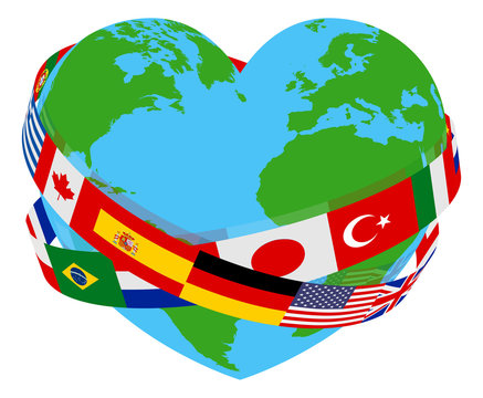 The earth or globe, heart shaped, surrounded by flags. Concept for world peace, charity or love of languages.