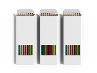 Multicoloured box of coloured pencils mock up template on isolated background, 3d illustration