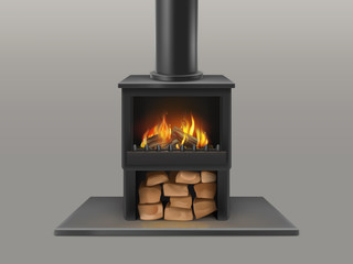 Classic open fireplace with black chimney pipe, dry wood chunks storage, firewood burning red, hot flame in metallic stove isolated 3d realistic vector. Modern mouse heating equipment illustration