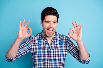 Portrait nice pretty charming youth stubble confident charming excited rejoice amazed funny funky...