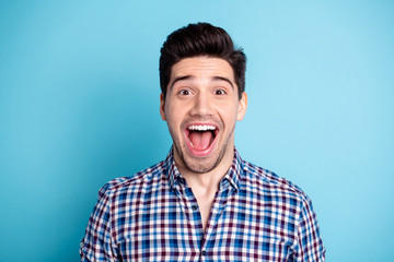 Close up photo of astonished lovely charming person sweet shout yell impressed incredible novelty...