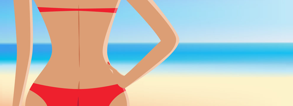 Close up girl in red bikini vector illustration