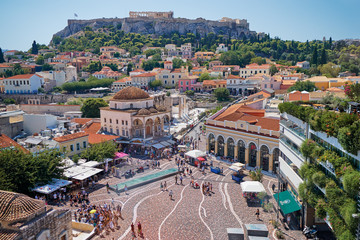 Skyline of Athens with Moanstiraki square and Acropolis hill, Athens Greece.