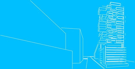 3D illustration architecture building perspective lines.