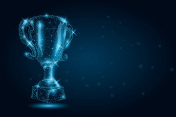 Abstract polygonal Trophy cup. Low poly wireframe illustration. Champions award for sport victory. First place, success in competition, celebration ceremony symbol.