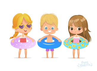 Pool Party Time on Swimming Vacation. Funny Girl in Sunglasses. Swim Exercise Festival. Tropical Summer Vacation. Beautiful Isolated Beach. Flat Cartoon Vector Illustration