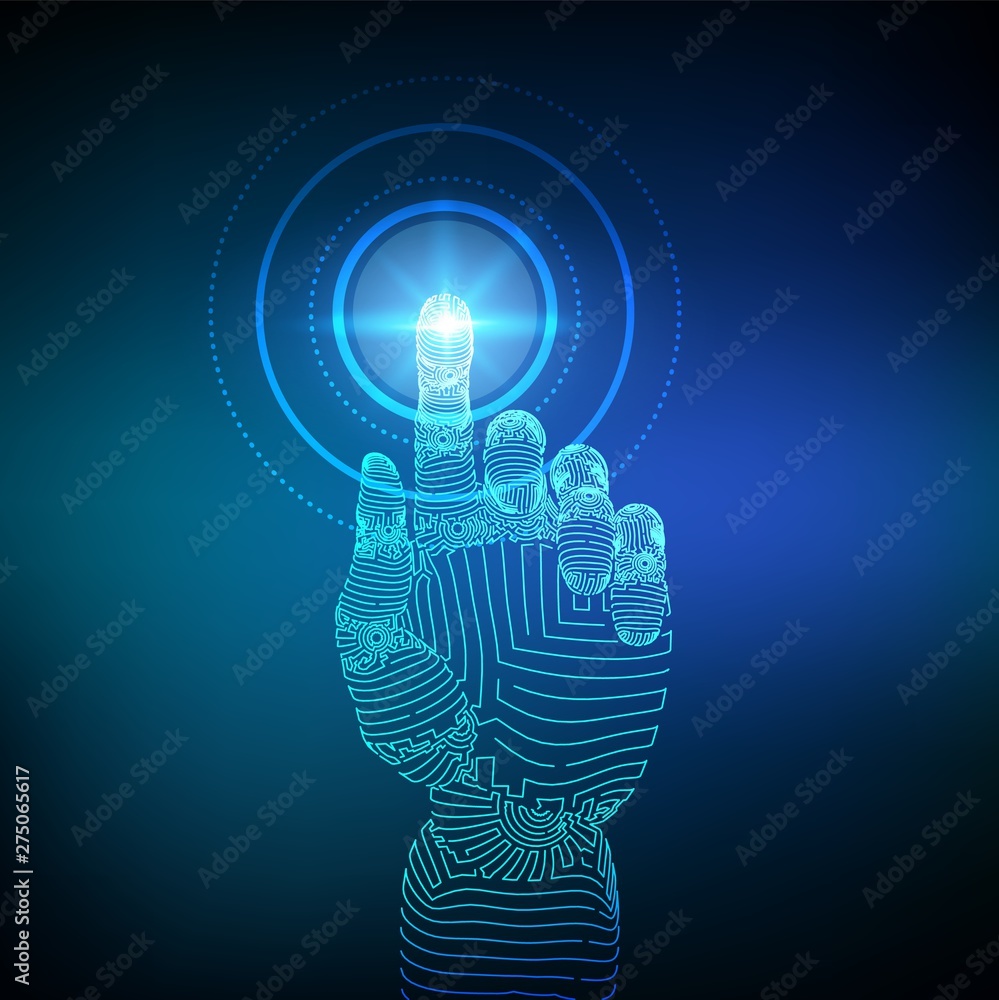 Poster robotic hand touching digital interface. virtual reality. touch the future wireframe illustration. c