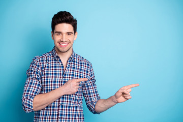 Portrait positive cheerful satisfied millennial charming stubble lovely candid feedback advertise...