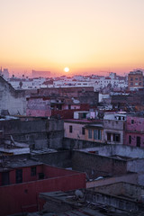 The ancient city at sunrise. Old houses in medina of Casablanca, Morocco.