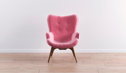 Fashionable modern pink armchair with wooden legs against a white wall in the interior. Furniture,...