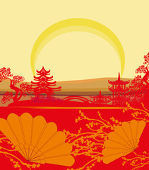 Abstract Chinese landscape card, illustration of a sunset