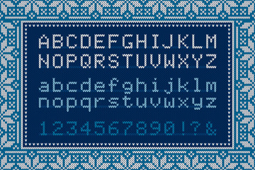 Christmas Knitted Font. Latin Alphabet Letters and Numbers on Knit Background