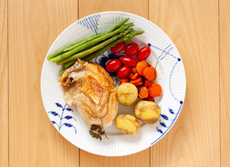 Oven-roasted chicken with plum tomatoes, new potatoes and green asparagus on a plate. Top view on wooden background. - Image