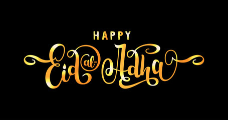 Muslim holiday Eid al-Adha mubarak in gold color on black background.  Handwritten lettering. Calligraphic design composition of Muslim holy month.Kurban Bayrami muslim festival of sacrifice.