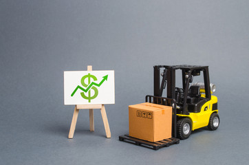 forklift truck carries a cardboard box and a stand with a green arrow up. Profit growth from sales and high production of goods. Retail, resale, sales of products. Added value of goods, modernization
