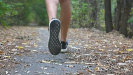 Legs of sporty man running along trail in early autumn forest. Male feet of young athlete sprinting fast along path at nature. Strong sportsman training outdoor. Healthy active lifestyle. Rear view