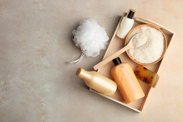Body care cosmetics, sea salt, washcloth and natural handmade soap