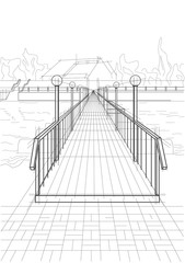 Linear architectural sketch bridge across a river
