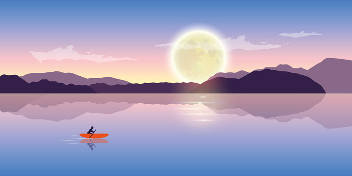 lonely canoeing adventure with orange boat at night with full moon romantic landscape vector illustration EPS10