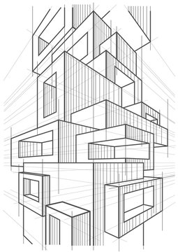 abstract linear architectural sketch of abstract multi storey modern building