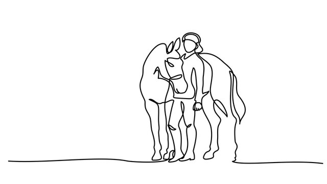 One line drawing. Woman stays with horse