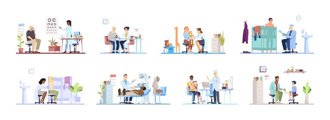 Visiting clinic flat vector illustrations set. Doctors, patients isolated cartoon characters on white background. Medical exam. Ophthalmologist, cardiologist, dermatologist, surgeon, pediatrician