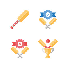 Cricket championship flat design long shadow color icons set. Sport tournament. Bat, champion cup, win, defeat. Club battle. League competition. Sport contest. Vector silhouette illustrations