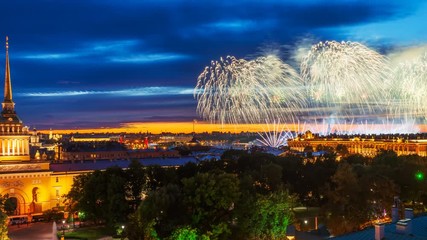 All-Russian holiday for schoolchildren "Scarlet Sails" in St. Petersburg. Fireworks on the bank of the Peter and Paul Fortress, view from the roof