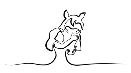 One line drawing. Horse and woman heads logo