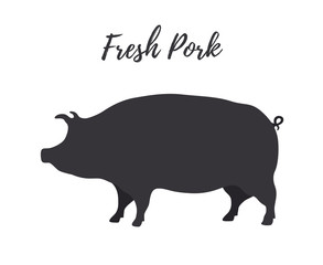 Vector dark silhouette of farm pig, fresh pork
