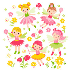 Vector seamless illustration with fairies and flowers.