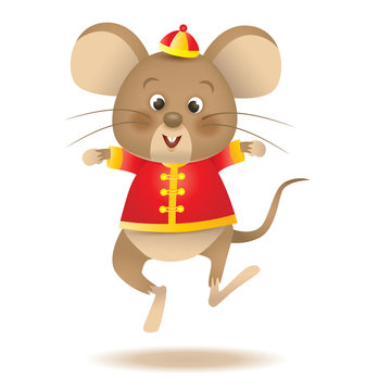 Cute cartoon rat in Chinese traditional costume jumping with joy, Chinese New Year 2020, Vector