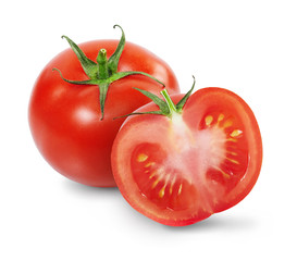 Composition with whole and sliced tomatoes isolated on white background. Full depth of field.