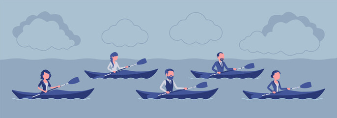 Business regatta on kayaks. Businessmen, businesswomen rowing on boat contest race establishing superiority, competition for money, financial market rivalry. Vector illustration, faceless characters