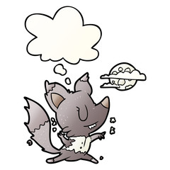 cartoon werewolf changing in moonlight and thought bubble in smooth gradient style